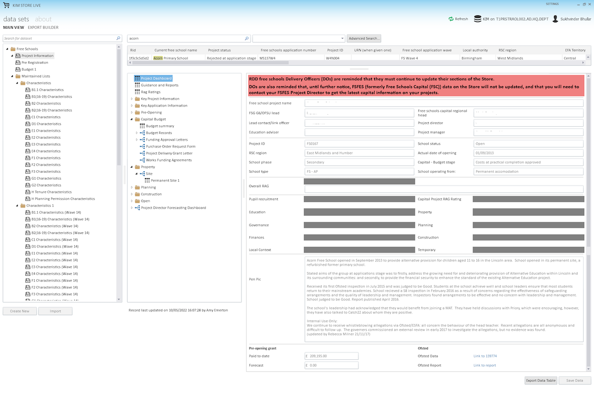 Screenshot of the legacy system Free Schools Store