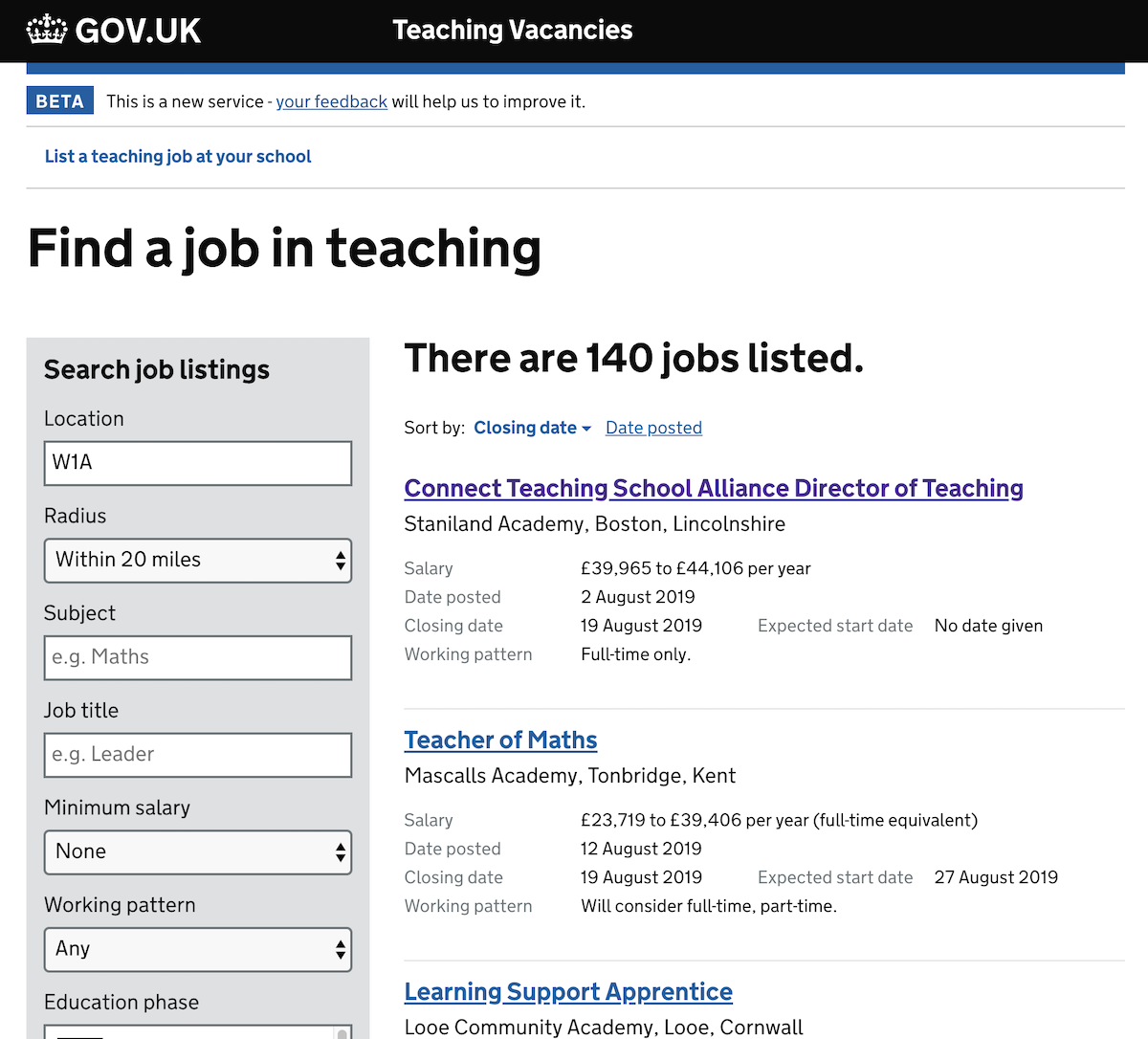 DfE Teaching Vacancies homepage