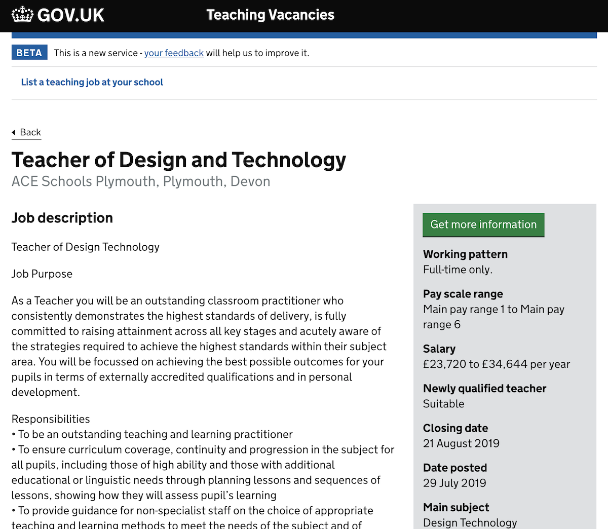 DfE Teaching Vacancies job details page