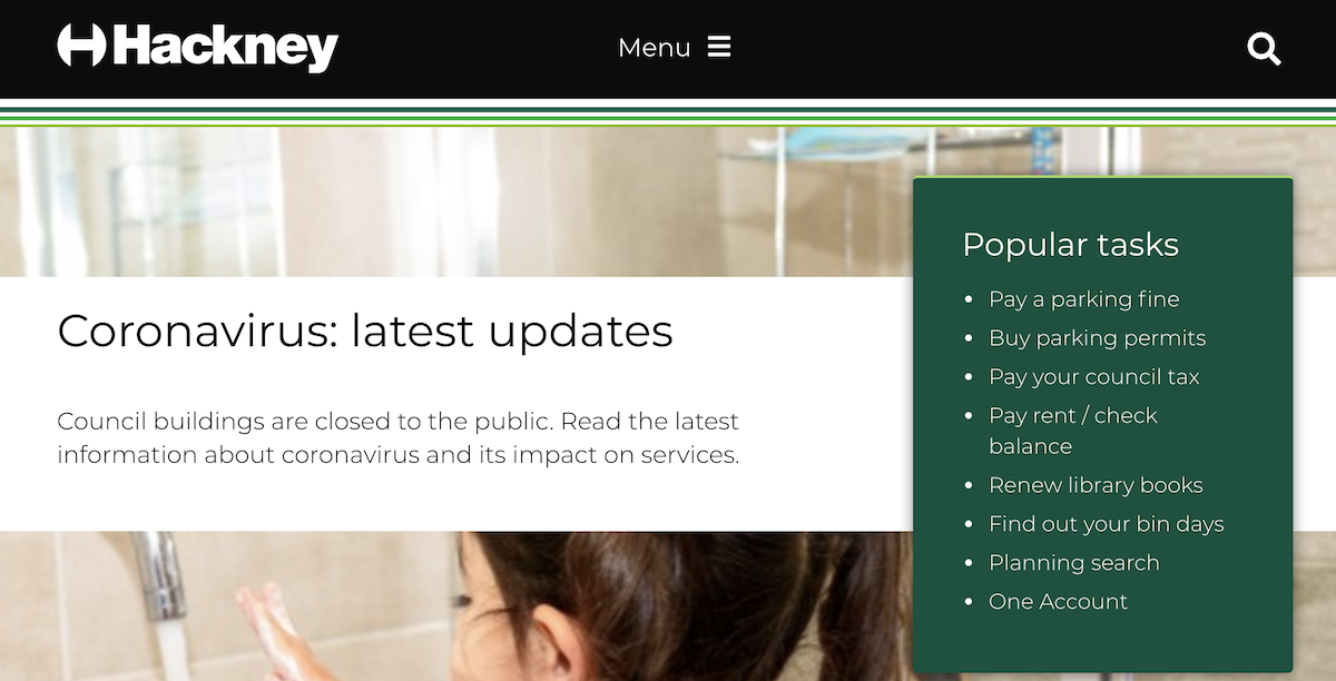 Hackney Council homepage in the old typeface