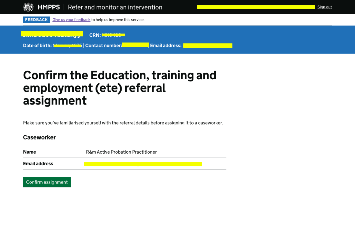 Intervention confirmation page