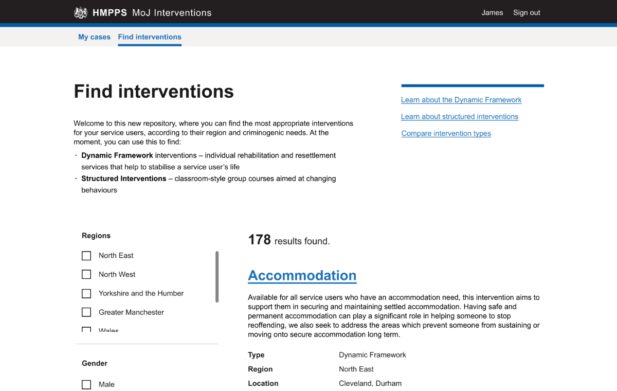 MoJ Intervention - interventions listing page