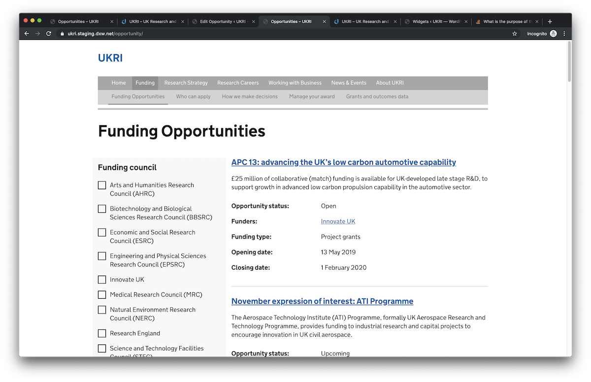 Funding finder wireframe